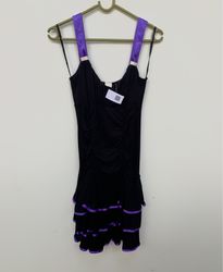 Black dress with purple ribbon straps and ruffled ..