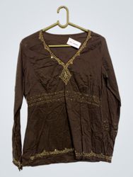Brown Long Sleeve Top with Embellished Neckline