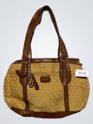 Yellow tote bag with brown leather trim