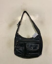 Black Leather Shoulder Bag with Multiple Pockets