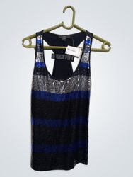 XXI Women's Black Blue Silver Sequin Striped Racer..