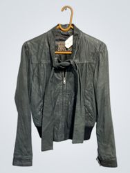 Grey Leather Jacket with Bow Tie Neck