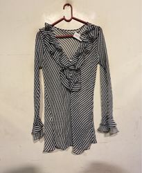 Black and White Striped Ruffle Blouse