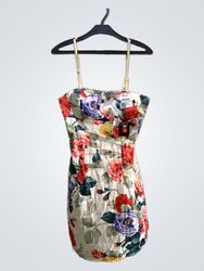 Floral Print Strapless Dress with Black Buckle Det..