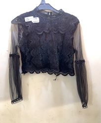 FaithVintage Black Lace Sheer Long Sleeve Cropped ..