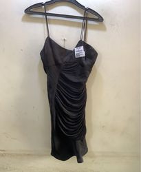 Vestito Nero Arricciato con Spalline a Spaghetti