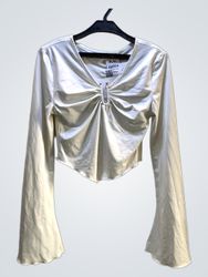 White Ruched V-Neck Long Sleeve Crop Top