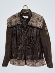Brown Faux Leather Jacket with Fur Trim