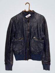 Dark Blue Leather Bomber Jacket