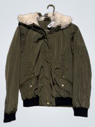Green Hooded Bomber Jacket with Fur Trim