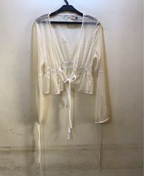 BISOU'S PROJEC White Polka Dot Sheer Tie-Front Blo..
