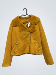 Yellow Faux Suede Biker Jacket with Fur Collar