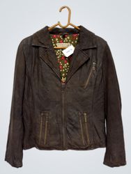 Veste en cuir brun de Maurice avec doublure floral..