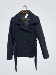 Black Double Breasted Belted Peacoat