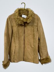 Brown Faux Suede Jacket with Fur Trim