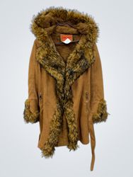 Brown Faux Fur Trimmed Hooded Coat with Belt