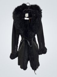 CHIC & JEUNE Black Faux Fur Trimmed Hooded Coat