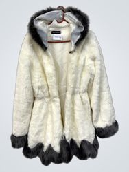 N&E HYNH FZ White Faux Fur Hooded Coat with Grey T..