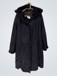 Fleet Street Black Hooded Faux Suede Coat with Fau..