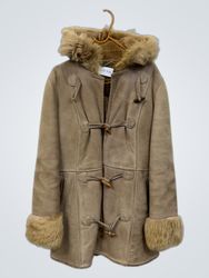 Women's Brown Suede Duffle Coat with Fur Trim