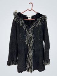 Golden leaf Fashion Black Fur Trimmed Hooded Coat