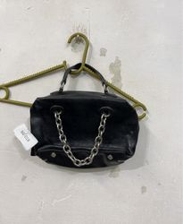 Black Leather Handbag with Chain Detail