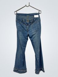 Blue Denim Flare Jeans with Frayed Hem