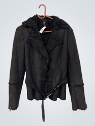 Black belted faux suede jacket with faux fur trim