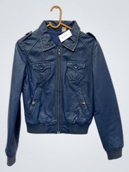 Blue Leather Bomber Jacket