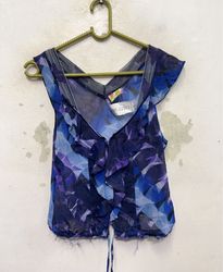 Free People Blue Purple Abstract Print Ruffle V-Ne..
