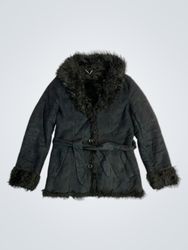 Black Faux Fur Trimmed Jacket with Belt