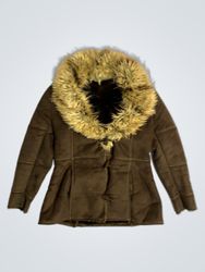 Brown Faux Suede Jacket with Fur Trim Hood