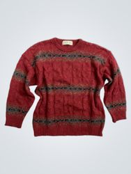 STILOK Red Cable Knit Sweater with Geometric Patte..