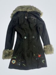 Desigual Women's Black Embroidered Fur Trimmed Coa..