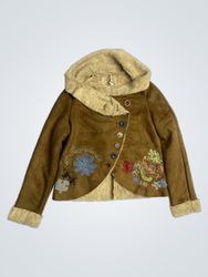 Brown Faux Suede Jacket with Sherpa Collar and Emb..