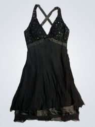 Black beaded halter dress with ruffled hem