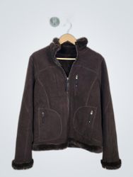 Brown Fleece Jacket with Fur Trim