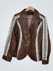 Brown Leather Jacket with White Lace Details