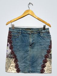 Daily Topics Denim Skirt with Floral and Snake Pri..