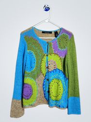 Cardigan en patchwork bleu, vert, violet et beige ..