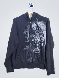 「Hot Topic Black Skeleton Angel Roses Zip Up Hoodi..