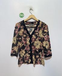 OPTIONelle Lace Trim Floral Print Button-Up Blouse