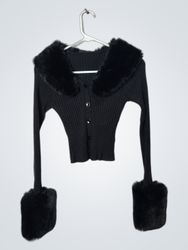Cardigan Negro de Rayas con Trim de Piel