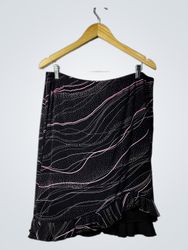 BRIGGS NEW YORK ブラックピンクスワールプリントラッフルヘムミディスカート