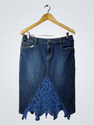 CASADEI Denim Skirt with Blue Lace Insert
