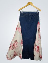 Denim Maxi Skirt with Floral Print Panels