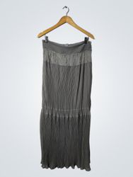 Grey Pleated Maxi Skirt with Lace Detail