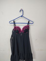 「Inner Secrets Black & Pink Embroidered Babydoll」