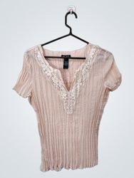 Axcess Pink Pleated V-Neck Top with Lace Trim