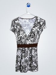 Damen Braunes Blumenmuster V-Ausschnitt Kurzarmtop..